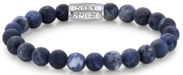 Bracelet en pierres de sodalite de 8mm avec fermoir en acier inoxydable - Modèle Rebel&Rose : RR-80022-S-M