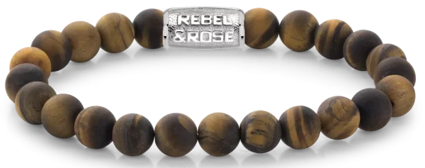 Bracelet en pierres de tigre de 8 mm avec fermoir en acier inoxydable - Modèle Rebel&Rose: RR-80023-S-M