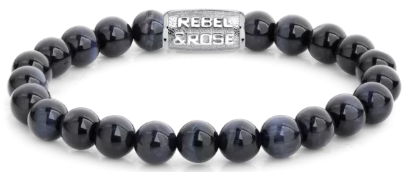 Bracelet en pierres de tigre bleu foncé de 8 mm avec fermoir en acier inoxydable - Modèle Rebel&Rose: RR-80039-S-M