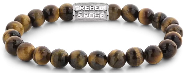 Bracelet en pierres de tigre de 8 mm avec fermoir en acier inoxydable - Modèle Rebel&Rose: RR-80042-S-M