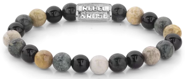 Bracelet en pierres précieuses de 8 mm de rhéolite, chrysanthème et agate avec fermoir en acier inoxydable - Modèle Rebel&Rose: RR-80051-S-L