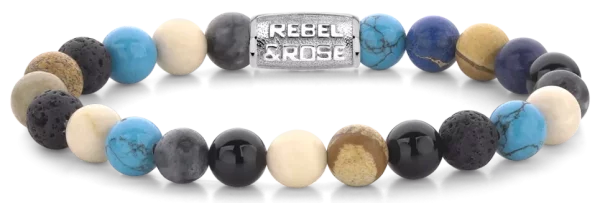 Bracelet en pierres précieuses de 8 mm dagate, de larvikite, de pierre de lave, de jaspe dimage, de turquoise et de fossile avec fermoir en acier inoxydable - Modèle Rebel&Rose: RR-80064-S-L