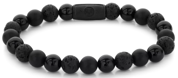 Bracelet en pierres précieuses noires de 8 mm avec fermoir en acier noir - Modèle Rebel&Rose : RR-80073-B-L