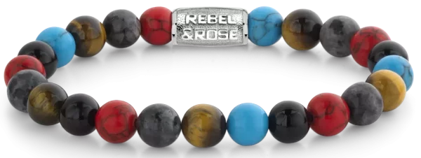 Bracelet en pierres naturelles colorées de 8 mm avec fermoir en acier inoxydable - Modèle Rebel&Rose: RR-80083-S-L