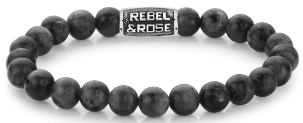 Bracelet en pierres précieuses de Larvikite noire de 8 mm avec fermoir en acier noir - Modèle Rebel&Rose: RR-80097-V-M