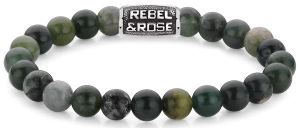 Bracelet en pierres précieuses dagate mousse vert foncé de 8 mm avec fermoir en acier vert foncé - Modèle Rebel&Rose : RR-80098-V-M