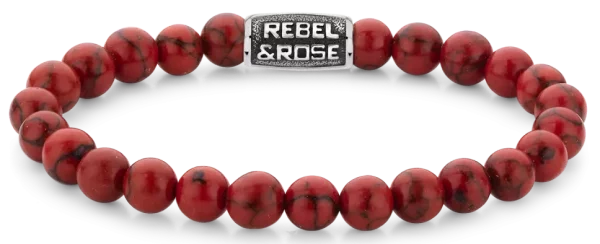 Bracelet en pierres précieuses rouges de 8 mm avec fermoir en acier inoxydable gris - Modèle Rebel&Rose : RR-80099-V-M
