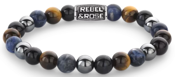 Bracelet en sodalite de 8mm, œil de tigre jaune, œil de tigre bleu et pierres de hematite grises avec fermoir en acier inoxydable gris - Modèle Rebel&Rose: RR-80100-V-M