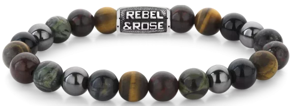 Bracelet en pierres de 8mm en œil de tigre bleu, œil de tigre jaune, jaspe brekzien, rhyolite et hématite gris avec fermoir en acier inoxydable gris - Modèle Rebel & Rose: RR-80106-V-L