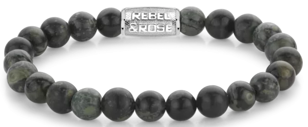 Bracelet en pierres de rhyolite de 8 mm avec fermoir en métal - Modèle Rebel&Rose : RR-80107-S-L