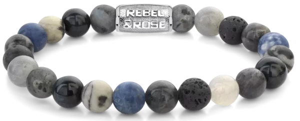 Bracelet en sodalite bleue de 8 mm, agate, œil de tigre bleu, larvikite gris, labradorite et pierres de lave avec fermoir en métal - Modèle Rebel&Rose: RR-80114-S-M