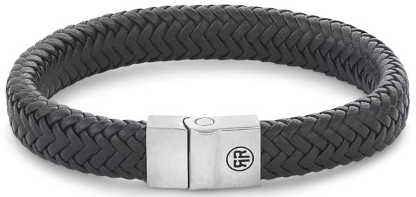 Bracelet en cuir noir de 12mm dépaisseur avec fermoir en acier inoxydable - Modèle Rebel&Rose: RR-M0019-S-M