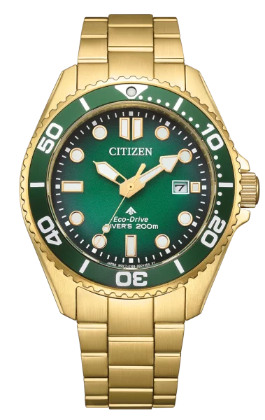 Citizen Herrenuhr Modell: BN0262-59W mit grünem Zifferblatt, goldfarbenem Edelstahlgehäuse und Edelstahlarmband