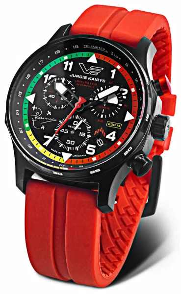 Montre homme noire avec bracelet en silicone rouge - Modèle Vostok Europe VK68-592C775.