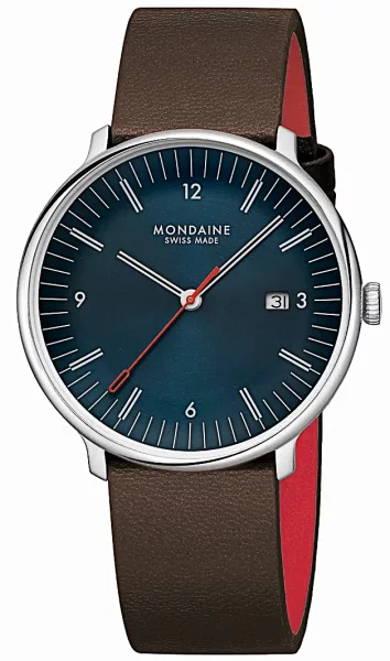 Montre pour hommes bleue avec bracelet en cuir végétalien marron de raisin - Modèle Mondaine: MLE.41240.LGV