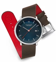 Montre pour hommes bleue avec bracelet en cuir végétalien marron de raisin - Modèle Mondaine: MLE.41240.LGV
