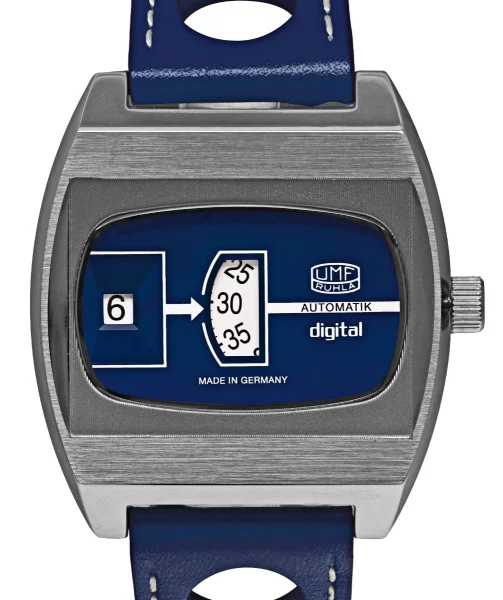 Montre pour homme en cuir bleu - UMF Ruhla Jumping Hour Automatik: 1434-3