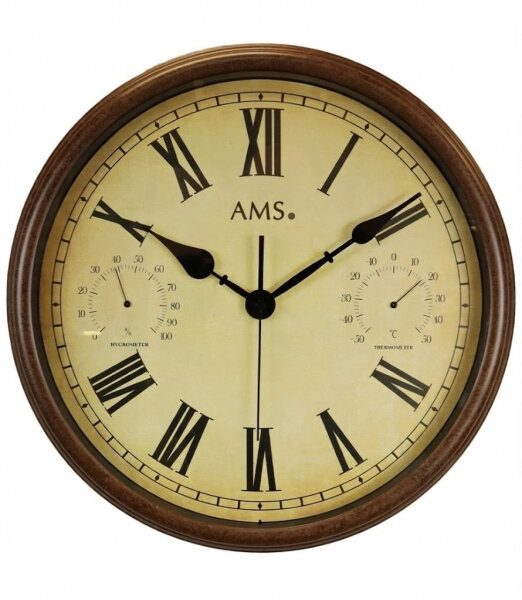 Wanduhr für Innen- & Außenbereich mit Wetteranzeigen, römischen Ziffern - AMS Modell: W9484